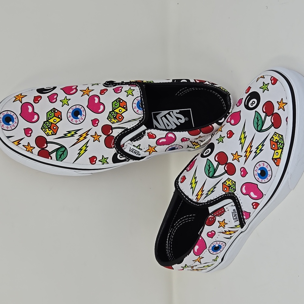 VANS Dice Cherries Bolts Hearts 8-Balls Eyeballs Classic Slip-on Shoes NEW